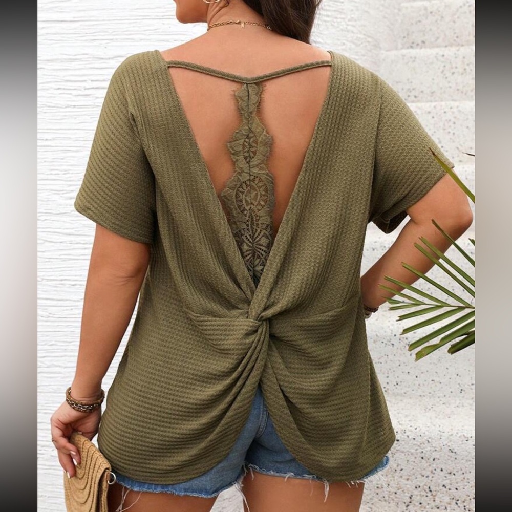 Sexy Plus Size Relaxed Fit Sheer Floral Lace Open Back Top Blouse Shirt Gray - Picture 5 of 12